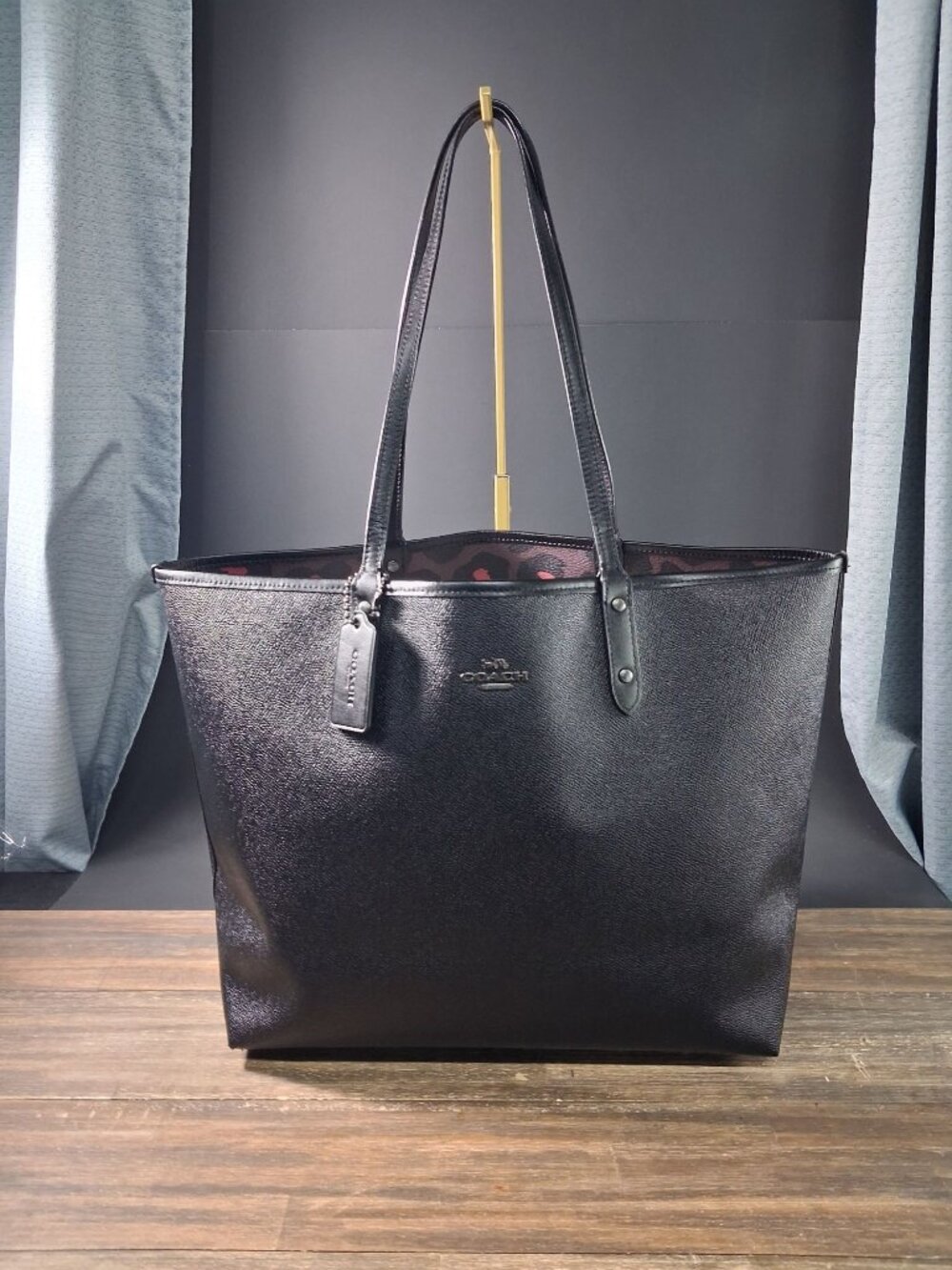 COACH Reversible City Tote Black Crossgrain Leather Bag Purple Leopard F37878